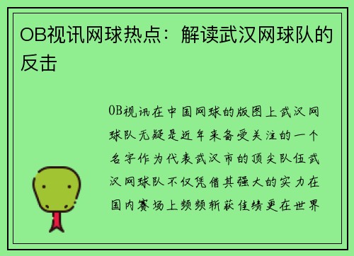 OB视讯网球热点：解读武汉网球队的反击